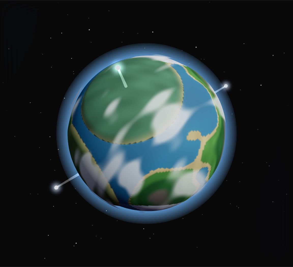 A low-poly planet with a glowing marker for each year of work